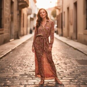 XIRENA Brown Yellow Floral Fall Long Sleeve Button Down Maxi Dress Sz M